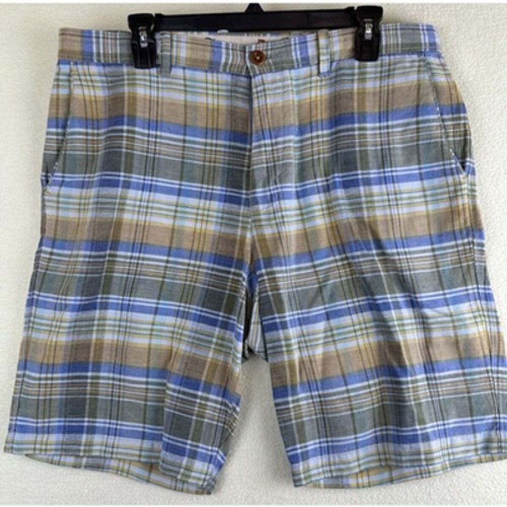Tommy Bahama Plaid Green Blue Orange Linen Blend Flat Front Shorts Mens Size 34